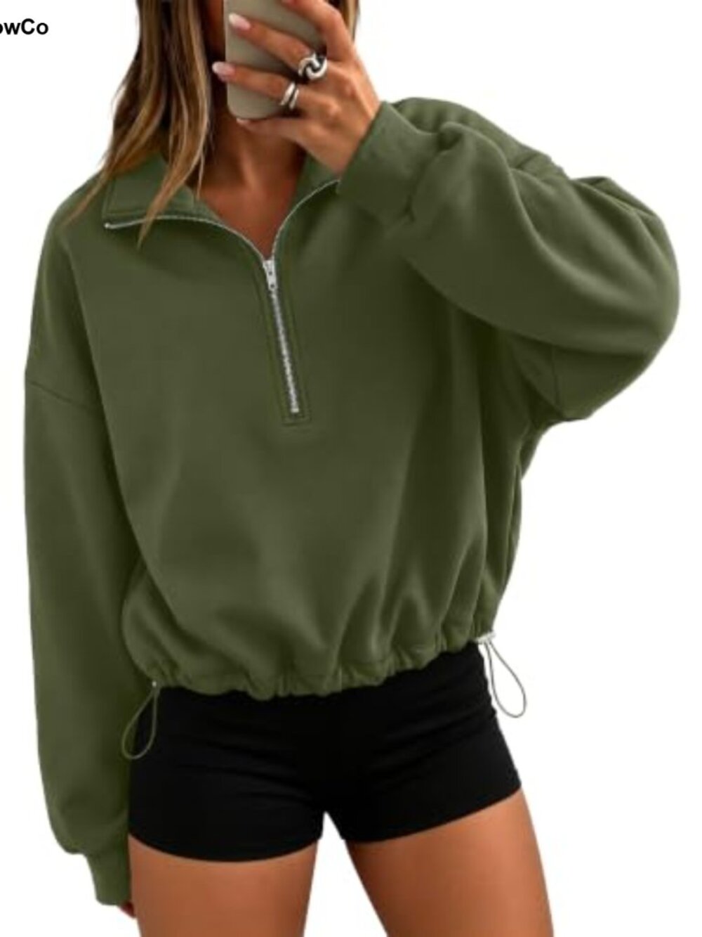 Women's Quarter Zip Fleece Pullover Crop Sweatshirt Cinchable Hem